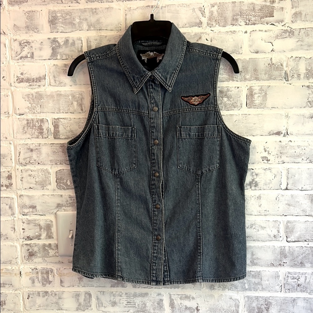 Harley Davidson Women's Large Denim Vest Button Sleeveless Top Embroidered Moto